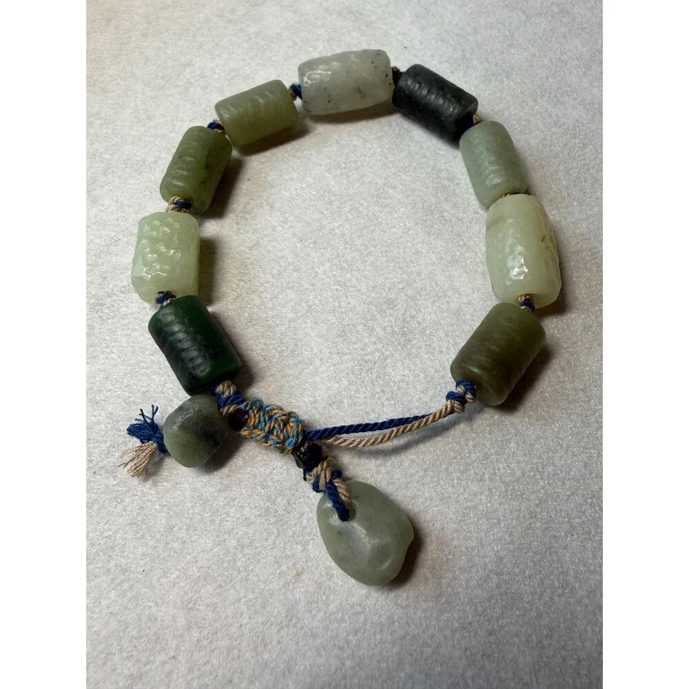 Multi-Color Natural Jade Bracelet OOAK Rustic Jade Adjustable Pull-Tie Closure